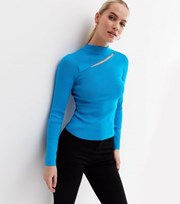 New Look Turquoise Ribbed Knit Cut Out Crew Neck Jumper